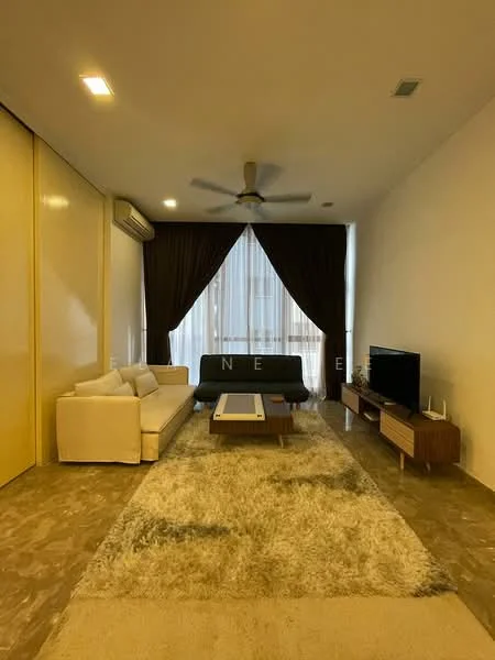 Living features: 3-seater fabric sofa in white, 2-seater fabric sofa in grey, coffee table with wooden legs, TV console with wooden finish, wall-mounted TV, area rug with shaggy texture, floor-to-ceiling windows with sheer curtains, ceiling fan with light, marble tile flooring, decorative wall with built-in storage; style: modern.