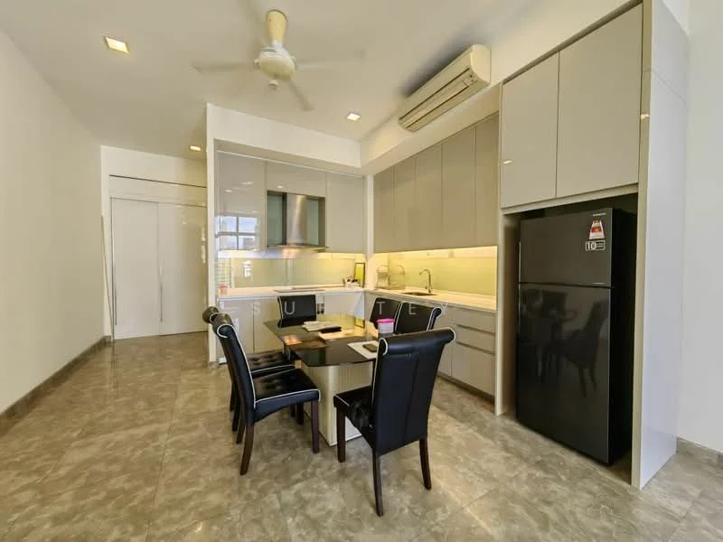 Kitchen features: grey cabinetry, white countertop, stainless-steel sink, chrome pull-down faucet, built-in oven, freestanding fridge in black, 4-burner gas hob, exhaust hood, tile flooring, recessed downlights, ceiling fan, dining table with 4 black upholstered chairs; style: modern.