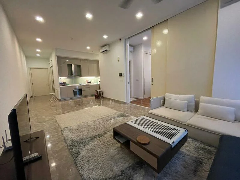 Living features: cream painted walls, polished marble flooring, 5-blade ceiling fan with light, recessed LED downlights, sofa in white fabric, coffee table with wood surface, TV console, wall-mounted TV, area rug with geometric pattern, open-plan layout to kitchen, sliding door to hallway; style: modern. Kitchen features: grey cabinetry, stainless-steel appliances, white countertop, undermount sink, chrome pull-down faucet, recessed lighting; style: modern.