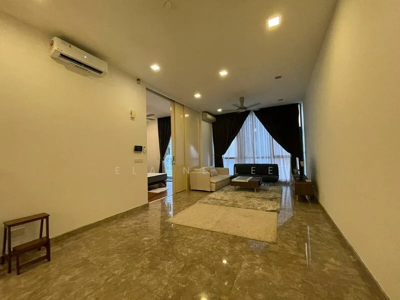 Living features: marble tile flooring, white painted walls, recessed downlights, 5-blade ceiling fan, floor-to-ceiling windows, sheer curtains, sofa in white, coffee table, area rug, TV console, wall-mounted TV, decorative wall art; style: modern; view: city.