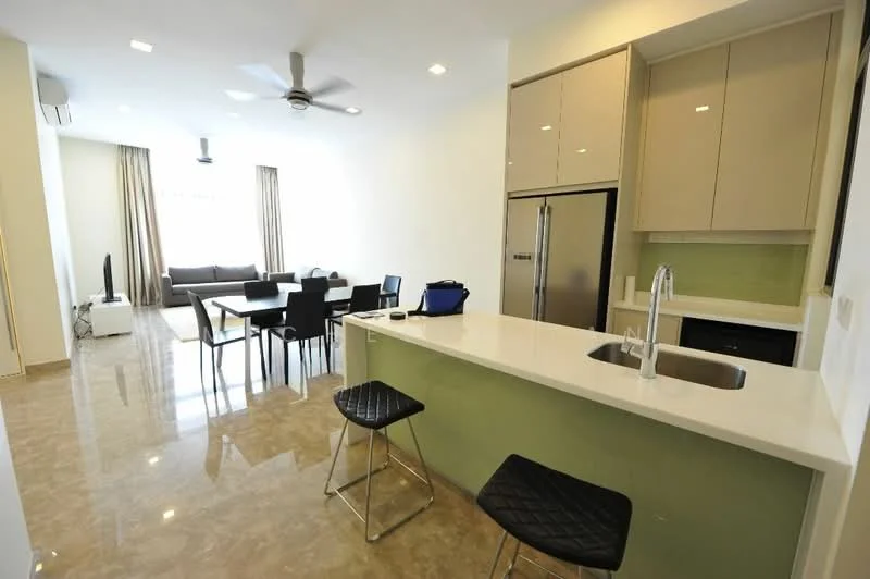 Kitchen features: single-bowl stainless-steel sink, chrome pull-down faucet, green backsplash, white cabinetry, built-in oven, stainless-steel fridge, bar counter with seating, marble tile flooring; style: modern. Living features: 3-seater fabric sofa in grey, dining table with 4 chairs, wall-mounted TV, ceiling fan, large windows with sheer curtains, marble tile flooring; style: modern.