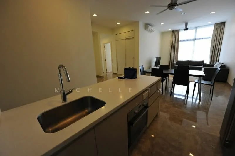 Kitchen features: single-bowl stainless-steel sink, chrome pull-down faucet, white quartz countertop, built-in oven, stainless-steel range hood, cabinetry with flat-panel design, marble tile flooring, recessed downlights; style: modern. Living features: 3-seater fabric sofa in grey, dining table with 6 chairs, wall-mounted TV, coffee table, area rug, floor-to-ceiling windows, curtains, ceiling fan; style: modern.