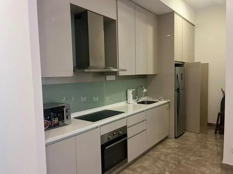 Kitchen features: light grey cabinetry, white countertop, built-in oven, stainless-steel fridge, ceramic cooktop, microwave, single-bowl stainless-steel sink, chrome pull-down faucet, glass backsplash, tile flooring, under-cabinet lighting; style: modern.