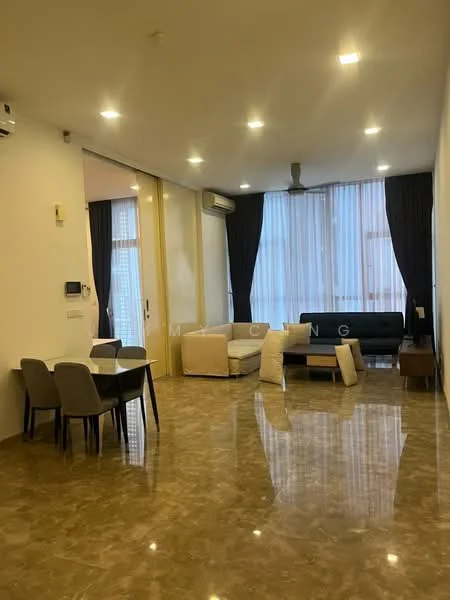Living features: marble tile flooring, white painted walls, floor-to-ceiling windows, sheer curtains, 5-blade ceiling fan, L-shape sectional sofa in cream, coffee table, TV console, wall-mounted TV, dining table with 4 chairs, decorative wall art; style: modern.