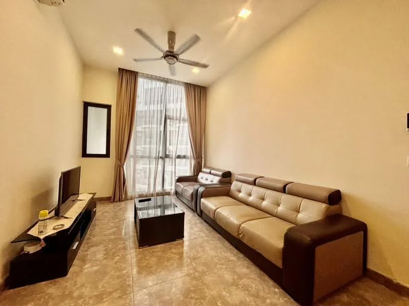 Living features: 3-seater leather sofa in beige and brown, coffee table with glass top, wall-mounted TV, floor-to-ceiling windows, sheer curtains, ceiling fan with light, marble tile flooring, painted walls in light color, mirror on wall; style: modern; view: city.
