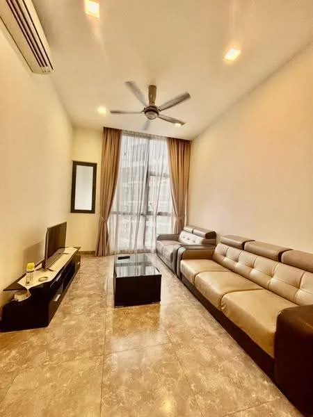 Living features: 3-seater leather sofa in beige, 2-seater leather sofa, glass coffee table, wall-mounted TV, TV console, floor-to-ceiling windows, sheer curtains, 5-blade ceiling fan with light, marble tile flooring, neutral painted walls, recessed downlights; style: modern.
