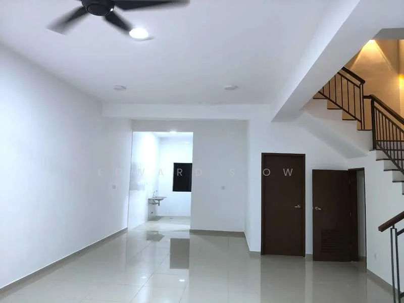 Room features: white painted walls, polished ceramic tile flooring, 5-blade ceiling fan, recessed downlights, staircase with wooden railing, door leading to another room, door leading to staircase, open layout; style: modern.