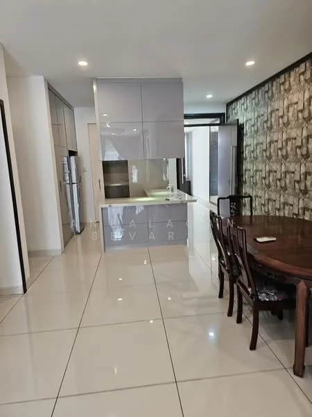 Kitchen features: grey high-gloss cabinetry, white countertop, built-in oven, stainless-steel fridge, double-bowl stainless-steel sink, chrome pull-down faucet, ceramic tile flooring, recessed LED downlights, open layout, wall with textured wallpaper, dining table with wooden chairs; style: modern.