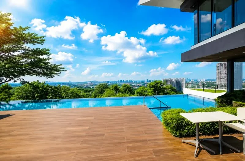 Exterior type: swimming pool deck; features: infinity pool, wooden deck flooring, landscaped greenery, city skyline view, outdoor dining table, surrounding trees, clear blue sky, sunlight reflection on water; style: modern.