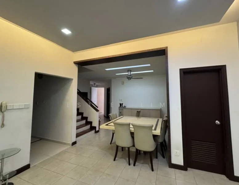Dining features: dining table with beige upholstered chairs, white walls, recessed downlights, tile flooring, ceiling fan, open layout to living area, staircase visible in background, wall-mounted intercom, door leading to hallway; style: modern. Room features: white walls, tile flooring, door leading to hallway.
