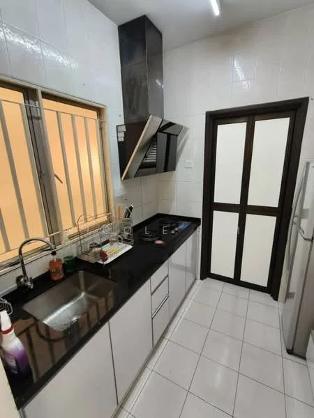 Kitchen features: black granite countertop, stainless-steel single-bowl sink, chrome pull-down faucet, built-in gas hob, stainless-steel range hood, white cabinetry with flat-panel doors, white tiled walls, white ceramic tile flooring, refrigerator, window with metal grilles; style: modern.