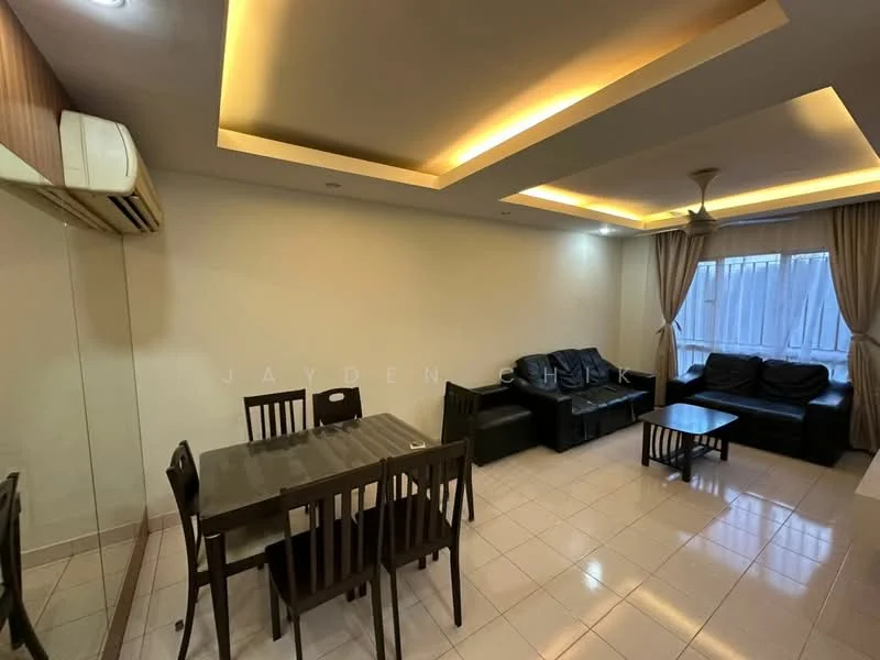 Living features: cream painted walls, white ceiling with recessed lighting, 5-blade ceiling fan with light, floor-to-ceiling window with sheer curtains, black leather sofa, coffee table, dining table with 4 chairs, air conditioning unit, tile flooring, decorative wall mirror; style: modern.