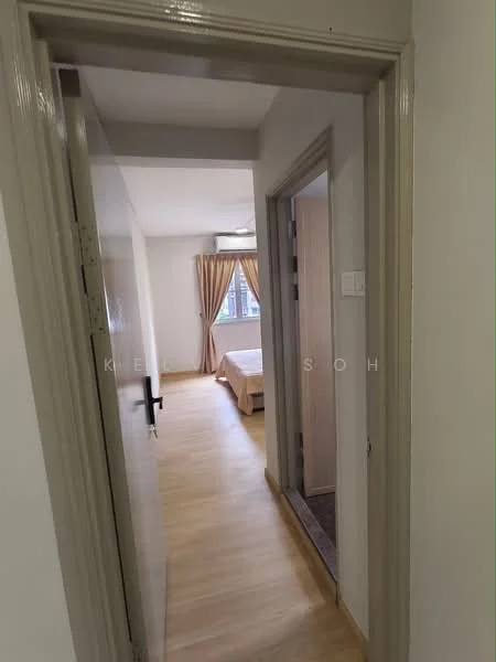 Room features: light wood flooring, white painted walls, doorway with trim, window with curtains, ceiling light fixture, neutral color scheme; style: modern.