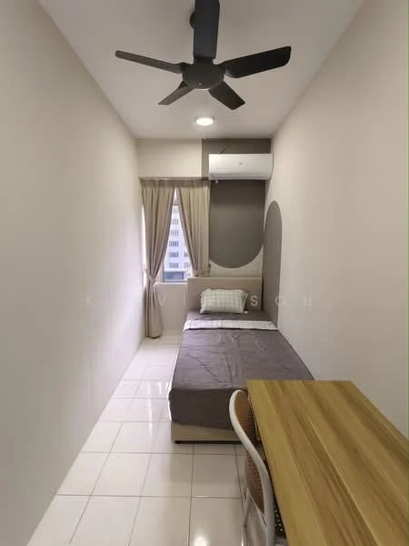 Bedroom features: single bed, grey bedspread, wooden study desk, white chair, floor-to-ceiling window, sheer curtains, wall-mounted air conditioning unit, ceiling fan, white tiled flooring, light grey painted walls, recessed ceiling lights; style: modern; view: city.