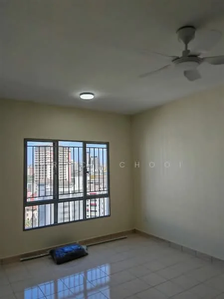 Room features: white painted walls, tile flooring, ceiling fan, large window with metal bars, city view, light fixture on ceiling; view: city.