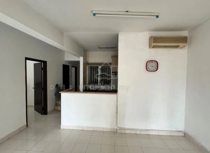 Room features: white painted walls, tile flooring, wall-mounted split AC, ceiling lights, open kitchen layout, countertop, clock on wall, doorway leading to another room.