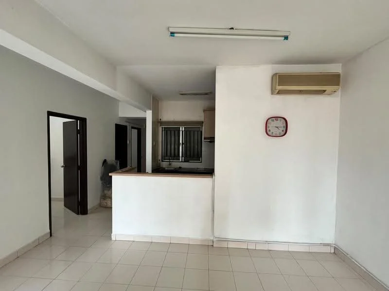 Kitchen features: white painted walls, tile flooring, wall-mounted split AC, kitchen counter with breakfast bar, window with metal grille, light fixture, open layout to living area, neutral color scheme; style: modern. Room features: white painted walls, tile flooring, doorway leading to another room, doorway leading to hallway.