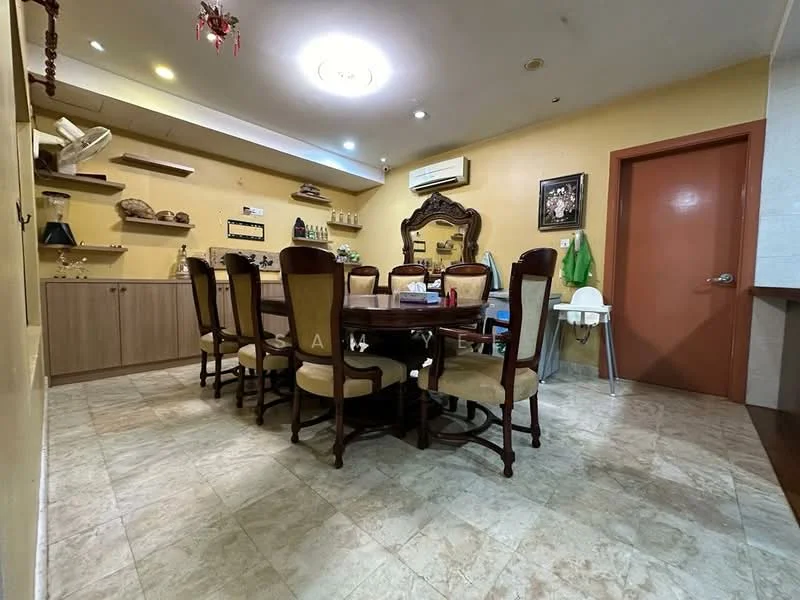 Dining features: round wooden dining table, 8 upholstered dining chairs, wooden sideboard with decorative items, framed artwork on wall, mirror on wall, cream painted walls, tile flooring, recessed ceiling lights, air conditioning unit, decorative ceiling light fixture; style: traditional.