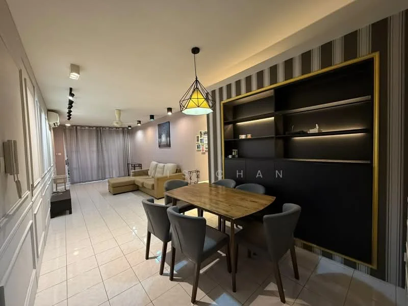 Dining features: wood dining table, upholstered dining chairs, pendant light fixture, wall-mounted shelving unit with backlighting, striped wallpaper, white tiled flooring, crown moulding, decorative wall art; style: modern. Living features: beige sectional sofa, floor-to-ceiling windows with sheer curtains, light grey walls, recessed lighting, ceiling fan, area rug, decorative wall art; style: modern.