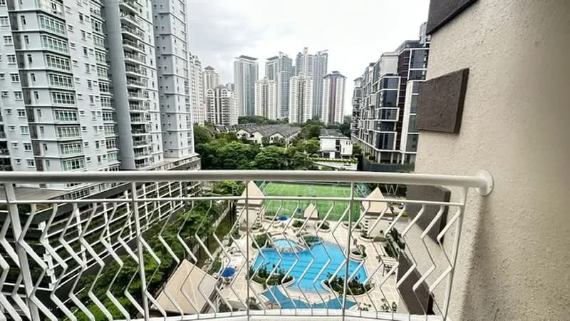 Balcony features: metal railing, floor tiles, view of swimming pool, view of city skyline, surrounded by high-rise buildings, outdoor space; style: modern; view: city.