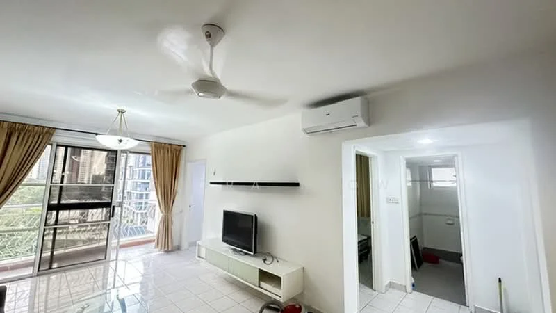 Living features: white painted walls, glossy tile flooring, 5-blade ceiling fan with light, wall-mounted TV, TV console, sliding glass door, floor-to-ceiling windows, curtains, air conditioning unit, decorative light fixture; style: modern; view: city. Room features: white painted walls, glossy tile flooring.