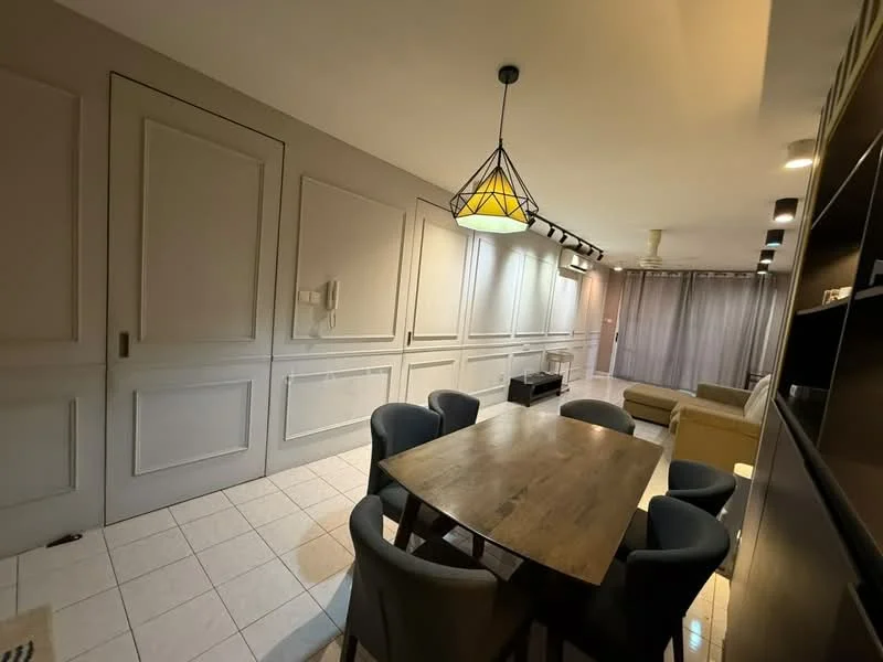 Dining features: rectangular wooden dining table, 6 upholstered dining chairs in grey, white tiled flooring, cream painted walls with paneling, hanging pendant light with yellow shade, wall-mounted air conditioning unit, curtains in light grey, built-in shelving unit, open layout to living area; style: modern. Living features: beige fabric sofa, coffee table, wall-mounted TV, light grey curtains, open layout to dining area; style: modern.