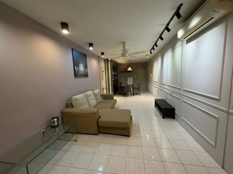 Living features: L-shape sectional sofa in beige, glass coffee table, white tiled flooring, recessed downlights, ceiling fan, wall-mounted air conditioning unit, decorative wall art, light purple painted walls, built-in wall paneling, open layout to dining area; style: modern.