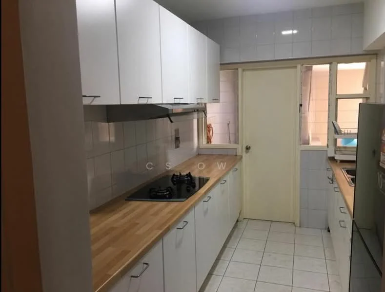 Kitchen features: white cabinetry with flat-panel doors, wooden countertop, stainless-steel sink, 2-burner gas hob, white tiled backsplash, ceramic tile flooring, wall-mounted cabinets, window above sink, door leading to utility area; style: modern.