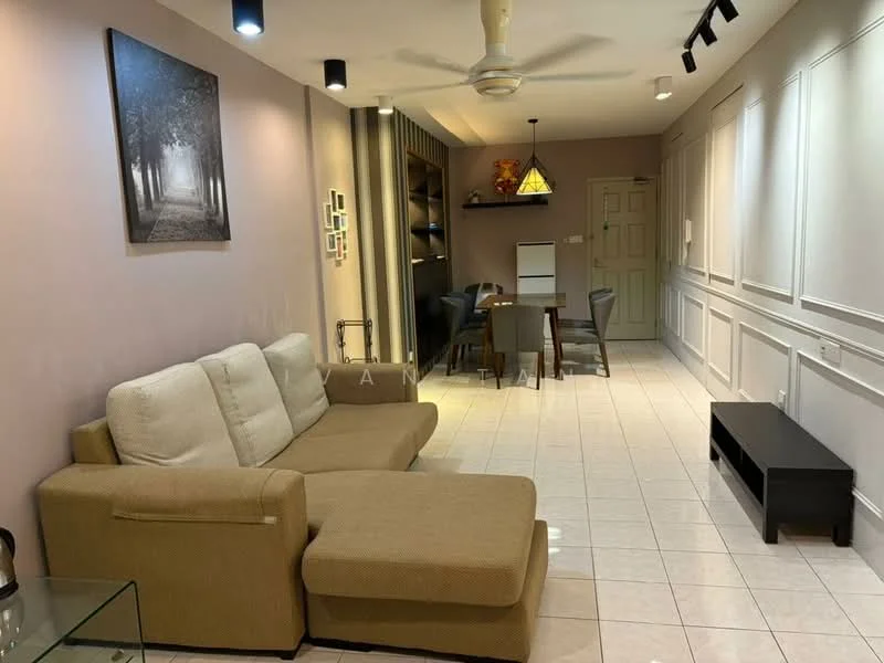 Living features: L-shape sectional sofa in beige, coffee table, wall-mounted TV cabinet, recessed downlights, ceiling fan, decorative wall paneling, white tiled flooring, framed artwork on wall, dining table with chairs, open shelving unit; style: modern.
