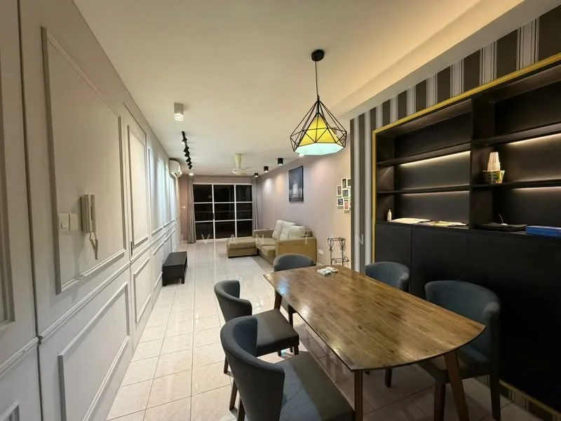 Dining features: wooden dining table, 6 upholstered dining chairs in grey, pendant light fixture with geometric design, white painted walls with decorative moulding, tile flooring, built-in shelving unit with backlighting, sofa in light beige, floor-to-ceiling windows, curtains, decorative wall art; style: modern.