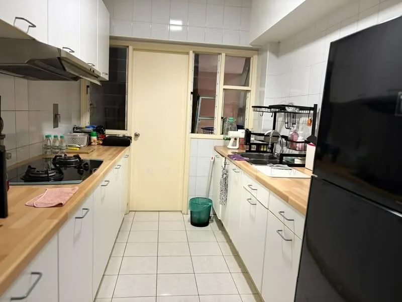 Kitchen features: white cabinetry, wood countertop, stainless-steel sink, chrome pull-down faucet, 4-burner gas hob, built-in oven, black refrigerator, ceramic tile flooring, white tiled walls, window above sink, kitchen utensils on countertop, plastic trash bin, glass water bottles, dish rack; style: modern.