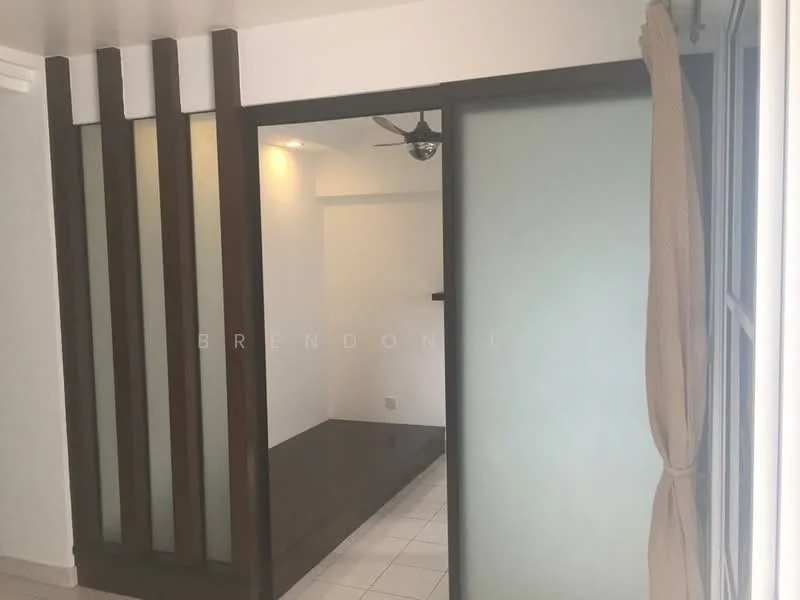 Room features: glass sliding door, wooden frame, ceiling fan, white walls, tile flooring, built-in shelf, neutral color scheme, natural light from window; style: modern.