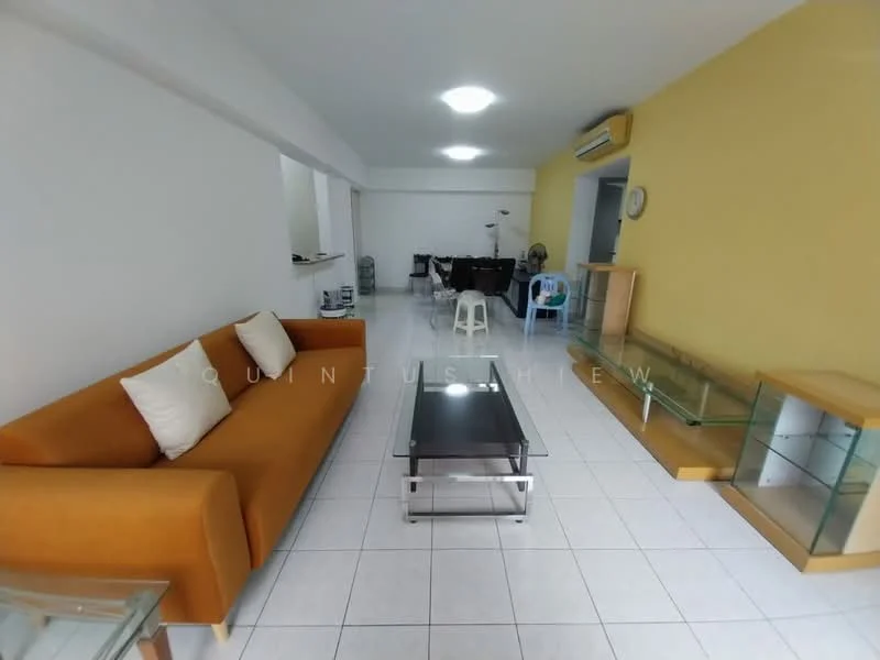 Living features: orange fabric sofa, white throw pillows, glass coffee table, white tiled flooring, yellow accent wall, recessed ceiling lights, air conditioning unit, open layout to dining area, glass display shelves; style: modern.