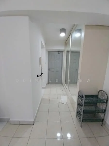 Room features: white painted walls, tile flooring, recessed ceiling lights, mirror wardrobe, single door, metal storage rack; style: modern.