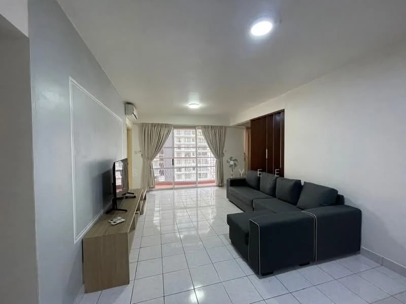 Living features: grey L-shape sectional sofa, wall-mounted TV, wooden TV console, white painted walls, glossy white tile flooring, recessed downlights, floor-to-ceiling windows, curtains, sliding glass door leading to balcony, decorative plant in corner; style: modern; view: city.