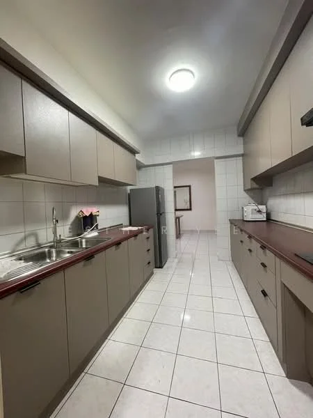 Kitchen features: single-bowl stainless-steel sink, chrome pull-down faucet, laminate countertop in brown, grey cabinetry with flat-panel doors, built-in oven, freestanding fridge, ceramic tile flooring, recessed ceiling lights, wall-mounted microwave, open shelving, white tiled backsplash, kitchen island with seating, wall-mounted cabinets; style: modern.