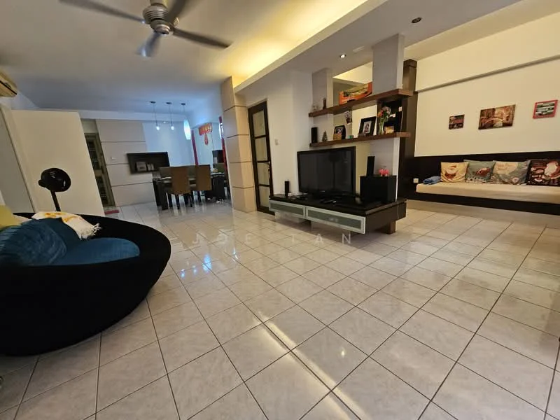 Living features: white painted walls, glossy white tile flooring, 5-blade ceiling fan with light, wall-mounted TV, entertainment unit with storage, built-in shelving, sofa with cushions, decorative wall art, large windows with natural light; style: modern. Dining features: dining table with chairs, open layout to living area, white painted walls, glossy white tile flooring; style: modern.