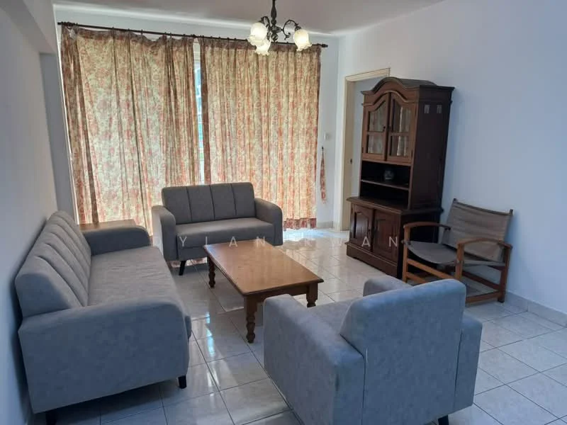 Living features: 3-seater fabric sofa in grey, 2-seater fabric sofa in grey, wooden coffee table, 2 armchairs in beige, glass display cabinet, floor-to-ceiling windows with floral curtains, white painted walls, tile flooring, ceiling light fixture with multiple bulbs; style: contemporary.