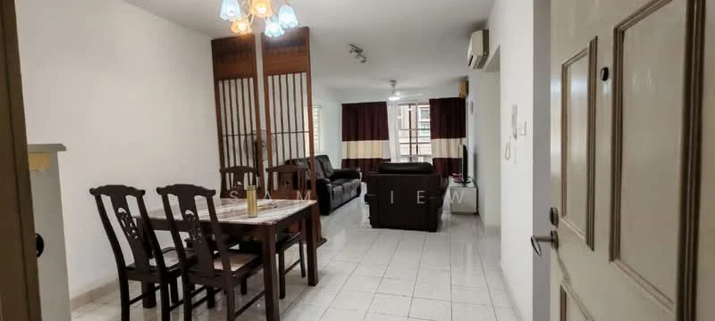 Dining features: 4-seater dining table with marble top, wooden dining chairs, pendant light fixture, floor tiles, decorative wall partition; style: modern. Living features: 2-seater leather sofa, 3-seater fabric sofa in dark grey, coffee table, TV console, wall-mounted air conditioning unit, large windows with curtains, light-colored walls, tile flooring; style: modern.