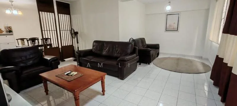 Living features: 2 leather sofas in dark brown, coffee table with wooden legs, area rug with circular shape, white painted walls, glossy white tile flooring, ceiling light fixture, floor lamp, curtains in dark brown and cream, wall-mounted artwork, windows with blinds; style: contemporary.