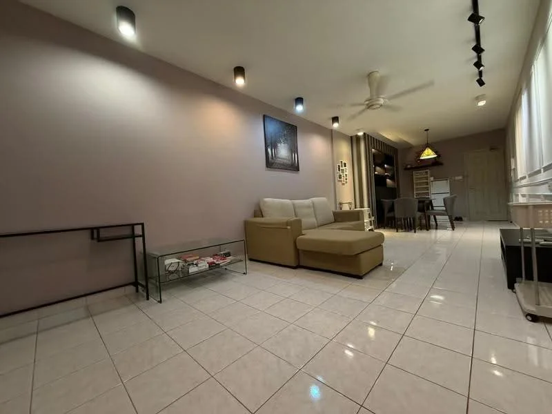Living features: cream painted walls, white tiled flooring, 5-blade ceiling fan with light, recessed downlights, L-shape sectional sofa in beige, glass coffee table, wall-mounted artwork, dining area visible in background, large windows with natural light; style: modern.