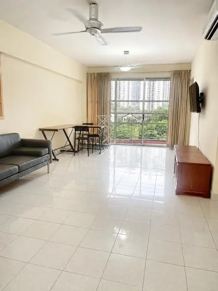 Living features: 3-seater fabric sofa in grey, glass sliding door, floor-to-ceiling windows, curtains, ceiling fan, wall-mounted TV, TV console in wood, tile flooring, neutral painted walls, dining table with chairs, decorative shelving unit; style: modern; view: garden.