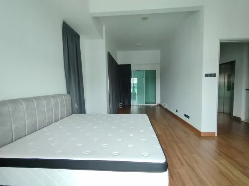 Bedroom features: queen-size bed, light wood flooring, white painted walls, floor-to-ceiling windows, grey curtains, built-in wardrobe, recessed ceiling lights; style: modern.
