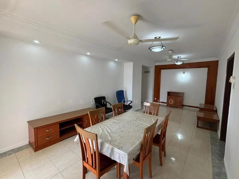 Dining features: white painted walls, tile flooring, dining table with 6 wooden chairs, wooden sideboard, ceiling fan with light, recessed downlights, wooden console table, blue upholstered chair, green marble skirting; style: modern. Living features: white painted walls, tile flooring, ceiling fan with light, recessed downlights, wooden console table, blue upholstered chair; style: modern.