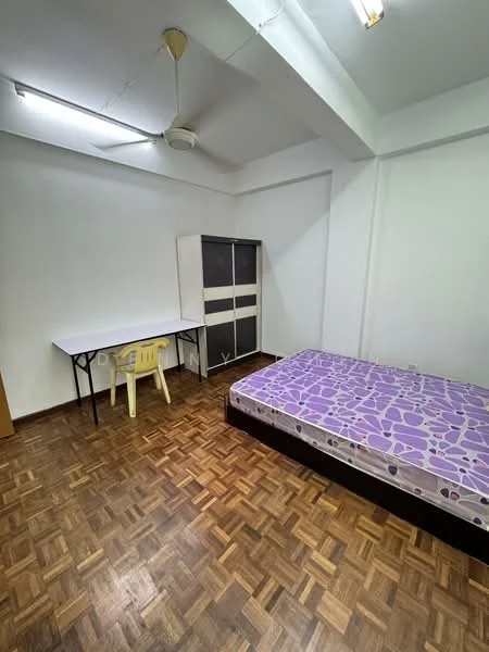 Bedroom features: wooden flooring, white painted walls, ceiling fan, single bed with purple patterned mattress, study desk, plastic chair, built-in wardrobe with sliding doors; style: minimalist.