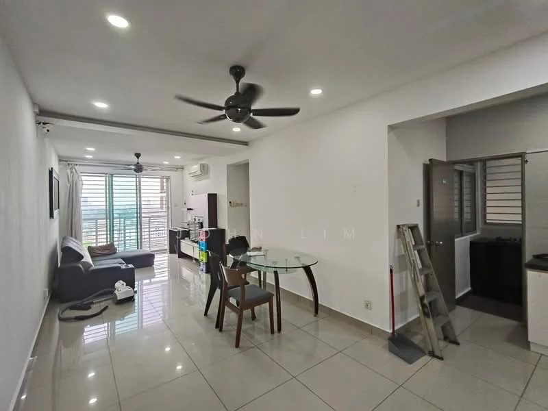 Living features: grey fabric sofa, glass dining table, 4 dining chairs, ceiling fan, recessed downlights, white painted walls, glossy tile flooring, floor-to-ceiling windows, open layout, kitchen area visible in background; style: modern; view: city. Room features: white painted walls, doorway to bathroom, ladder visible.