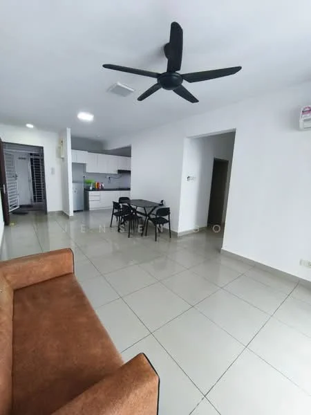Living features: brown fabric sofa, 4-seater dining table, black dining chairs, white painted walls, tile flooring, ceiling fan, recessed ceiling lights, open kitchen area, kitchen cabinets, kitchen countertop, window with view to outside, air conditioning unit; style: modern.
