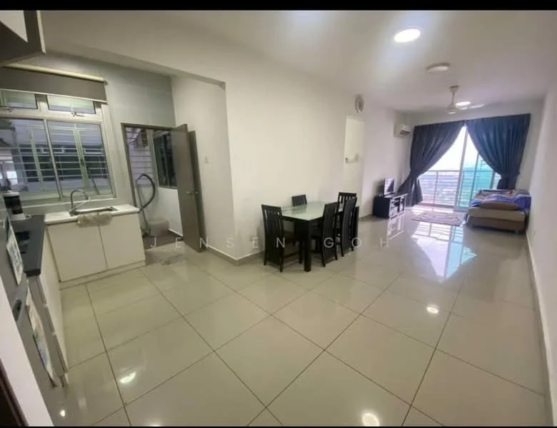 Kitchen features: white cabinetry, stainless-steel sink, chrome pull-down faucet, ceramic tile flooring, open shelving, built-in cabinets; style: modern. Living features: 3-seater fabric sofa in beige, dining table with 4 chairs, TV console, wall-mounted TV, sliding glass door, floor-to-ceiling windows, curtains, recessed downlights, ceramic tile flooring; style: modern; view: city.