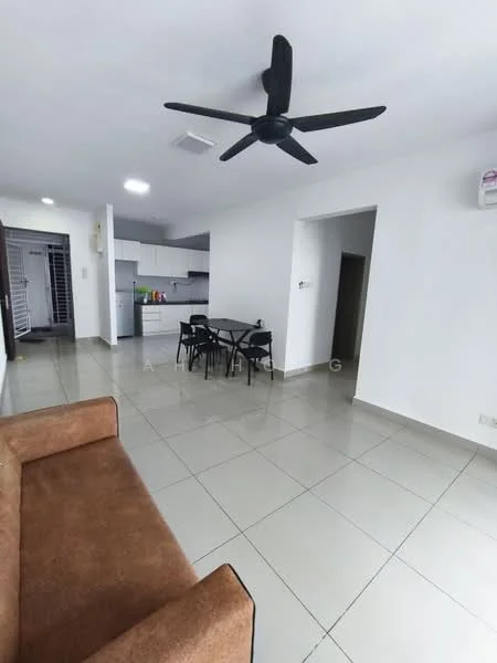 Living features: brown fabric sofa, 4-seater dining table, black dining chairs, ceiling fan, white painted walls, tile flooring, open layout, kitchen area visible in background, recessed lighting, air conditioning unit on wall; style: modern.