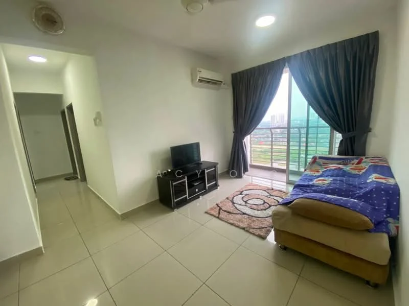 Living features: cream painted walls, glossy ceramic tile flooring, 5-blade ceiling fan with light, floor-to-ceiling windows, sliding glass door, dark grey curtains, TV console, wall-mounted TV, area rug with circular pattern, sofa with beige upholstery, decorative throw blanket; style: modern; view: city. Room features: white painted walls, glossy ceramic tile flooring, 1 wall-mounted split AC.